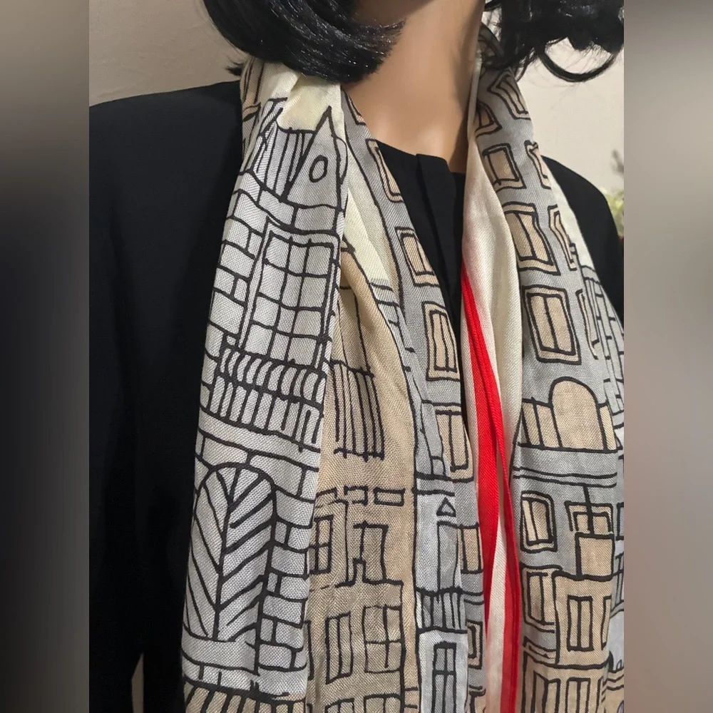 Cityscape Print Scarf w/Red Accents Fringe 27x72 Preppy Architecture Fun Casual